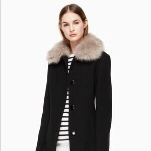 KATE SPADE NEW YORK Wool Coat w/ Faux Fur Collar Black Small